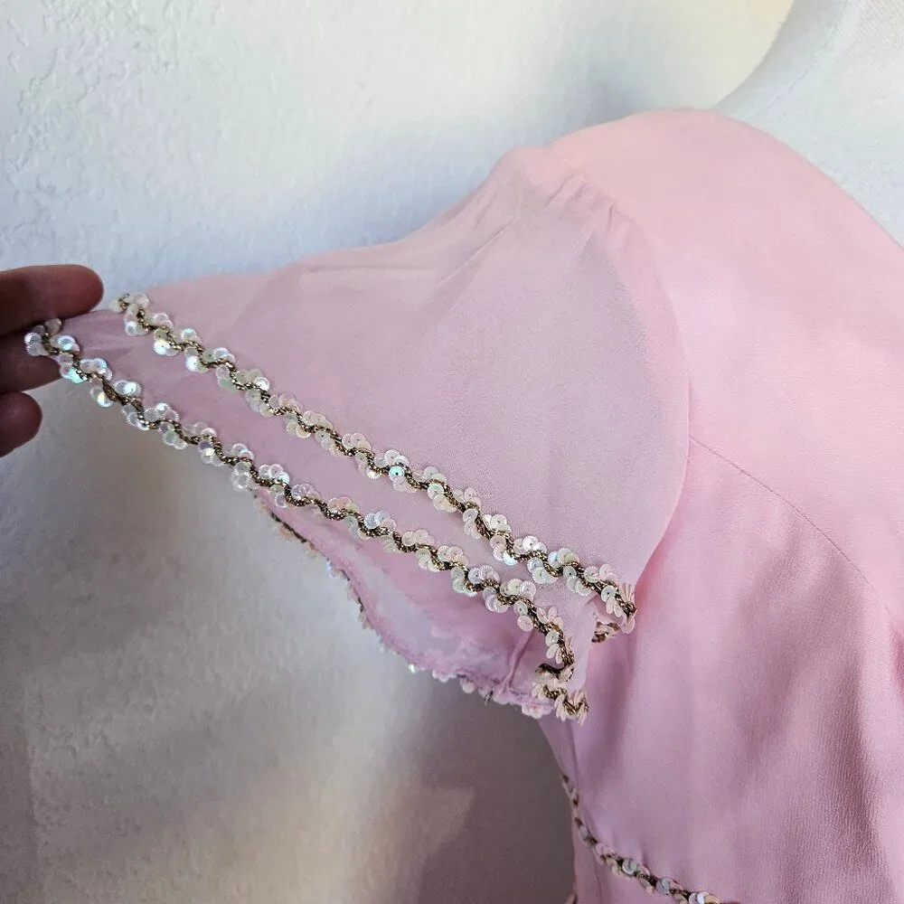 Vintage 60s 70s Light Pink Chiffon Princess Cocktail Evening Dress Gown L Large - Picture 6 of 14